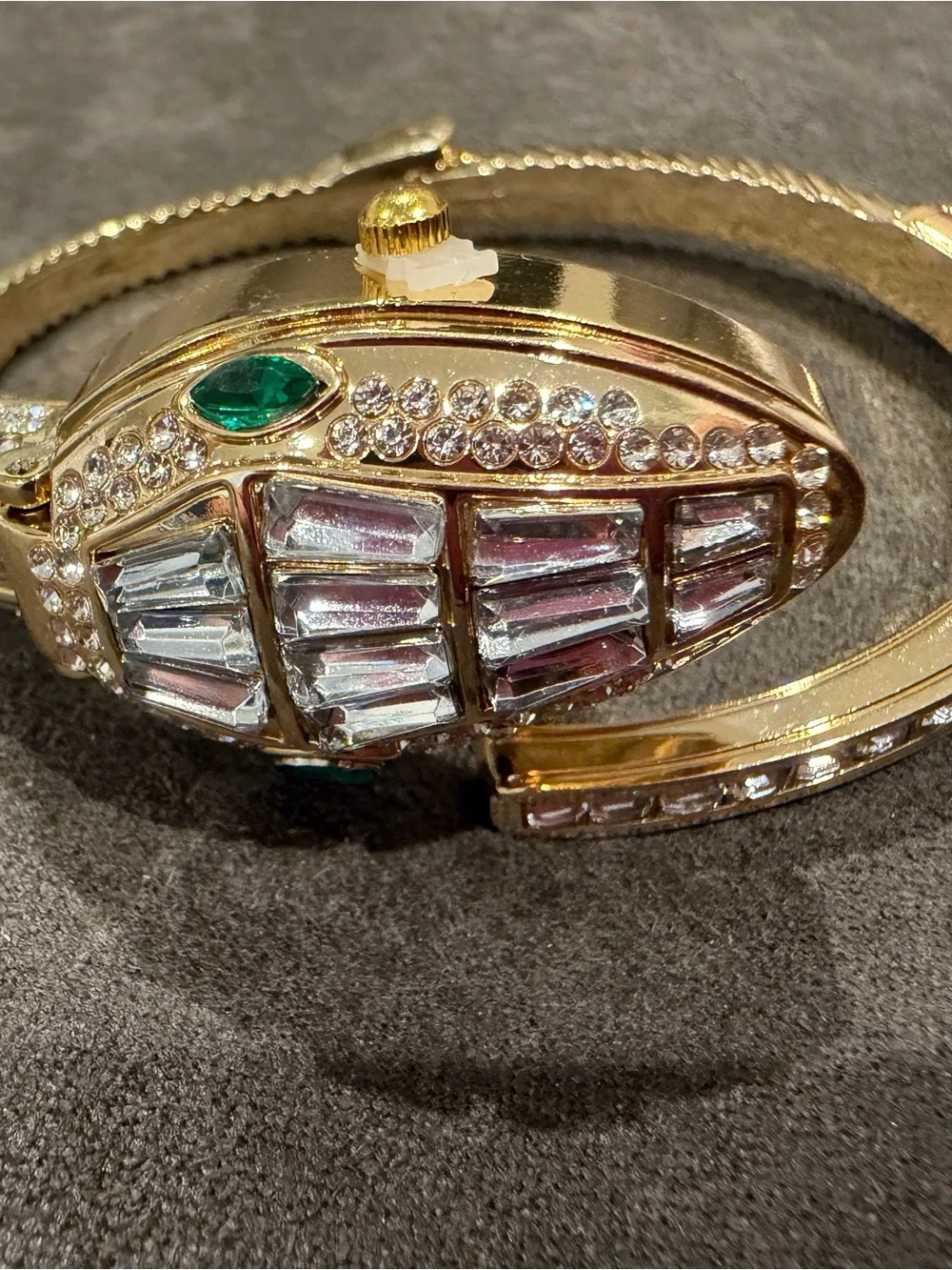 Gold Crystal Snake Cuff Bracelet with Green Accents